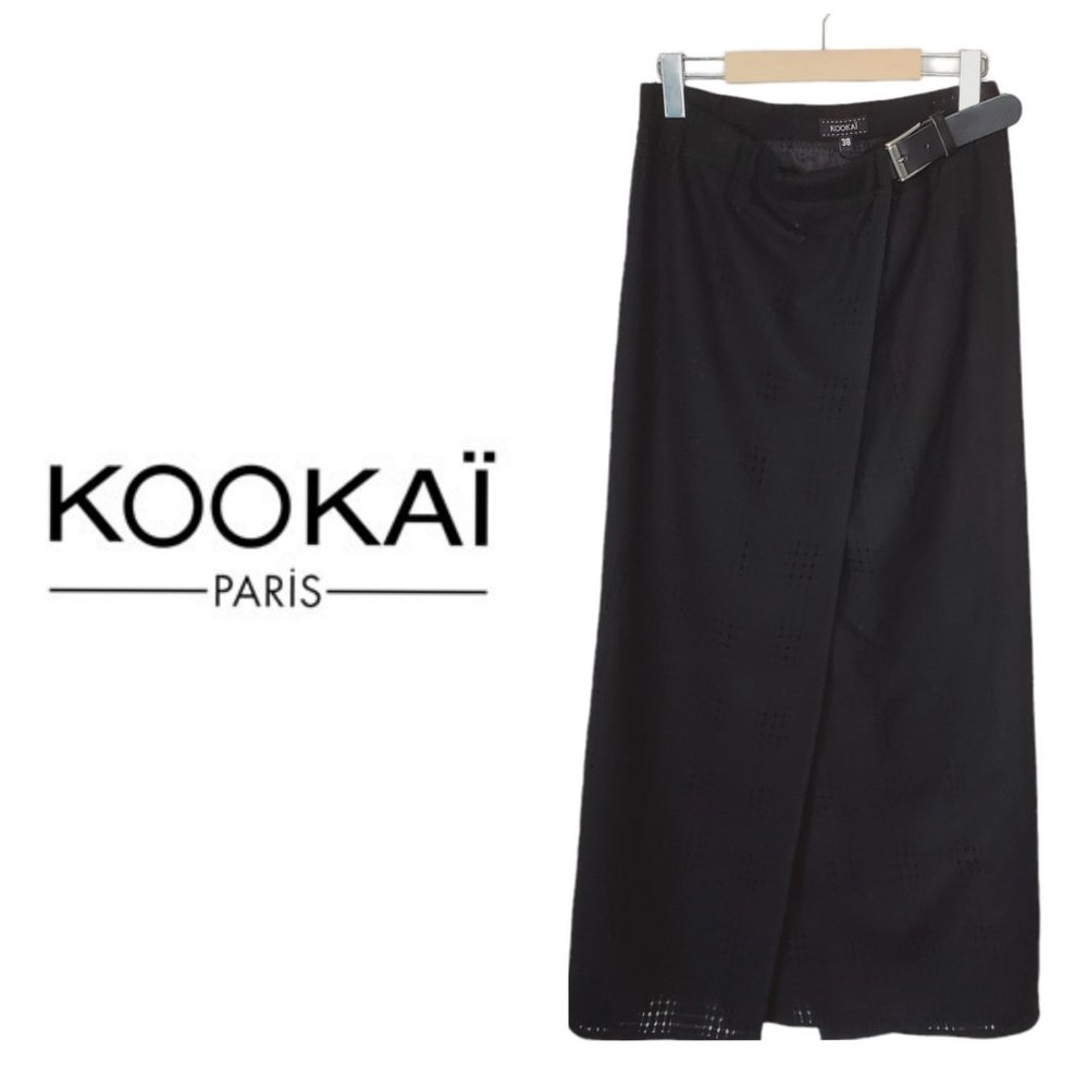 Kookai Paris Vintage Midi Skirt Wool Wrap Preppy Academia Designer Black 38